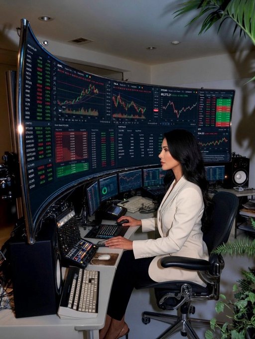 A woman in a white blazer sits at an elaborate multi-screen trading workstation displaying various stock charts and financial data.