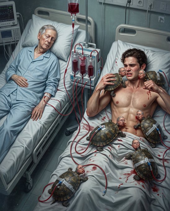 The image depicts a surreal hospital scene where an elderly woman peacefully rests in one bed while a younger shirtless man in the adjacent bed is covered in blood-splattered turtles with human faces biting him, connected by red IV-like tubes. The disturbing, grotesque imagery of the man enduring torment as the woman slumbers peacefully contrasts ironically with the "CLAV BEING MITCHPILLED" caption, suggesting a reference to someone (Clav) being metaphorically tortured or "pilled" by Mitch through painful exposure to harsh realities.