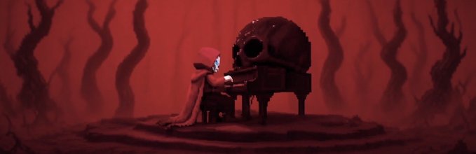 A pixel art illustration shows a hooded figure with a skull mask playing a piano in a dark, red-toned environment with silhouetted trees.