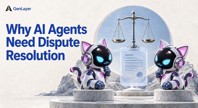 A promotional graphic titled 'Why AI Agents Need Dispute Resolution' by GenLayer, featuring two robotic cat characters beside a scale of justice and a digital contract.