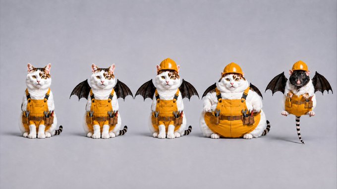 Five cats in construction gear demonstrate the evolving characters of the "Cat → Bat → Hat → Fat → Rat" narrative, each representing a stage in the transformation, with the sequence showing cats progressively morphing—growing bat wings, donning a hard hat, becoming chubbier, and finally turning into a bat-rat hybrid.