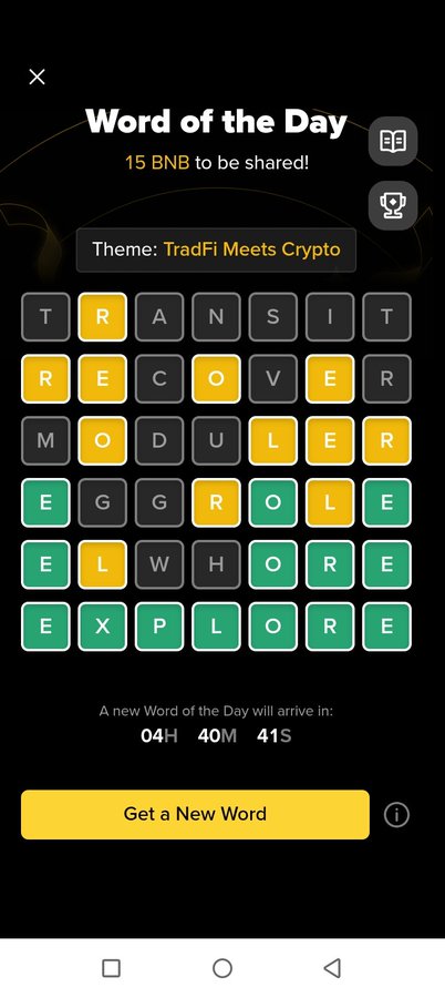 A screenshot of a 'Word of the Day' puzzle app with the theme 'TradFi Meets Crypto', showing 15 BNB to be shared, a completed grid of words like 'TRANSIT' and 'EXPLORE', and a countdown timer of 04H 40M 41S.