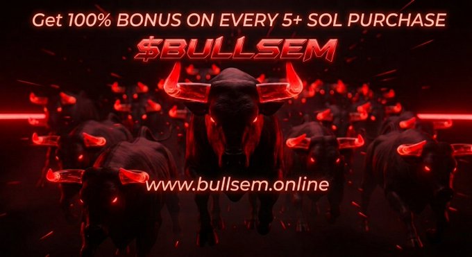 A dramatic red-tinted promotional graphic featuring a herd of bulls with glowing red eyes and horns charging forward, displaying the text "Get 100% BONUS ON EVERY 5+ SOL PURCHASE" and "$BULLSEM" along with the website "www.bullsem.online," promoting the $BULLSEM token airdrop and bonus offer described in the post.