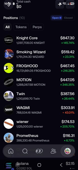A cryptocurrency portfolio screenshot showing 'Positions (10)' with various meme coin holdings including Knight Core ($847.30, +145.74%), Smoking Wizard, FROGHOOD, MOTION, Twin, WAGMI, wiener, and Prometheus.