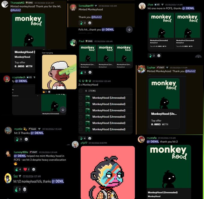 A collage of Discord screenshots showing multiple users (ThanasisKG, Sansutan99, Jilya, Paul, Zyphar, GURU, mystjc, hammy00e, Saz, and mustafa) celebrating successful mints of MonkeyHood NFTs, with visible offers ranging from 0.0095 WETH to 0.0805 WETH and reports of hitting 3-3 Thanks from @DENIL, corroborating the claim of securing 50 NFT mints in the FCFS phase.