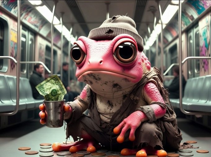 A digitally rendered scene of a disheveled, pink-skinned amphibian-like creature wearing a beanie and torn clothes, sitting in a subway car holding a cup with money and surrounded by scattered coins.