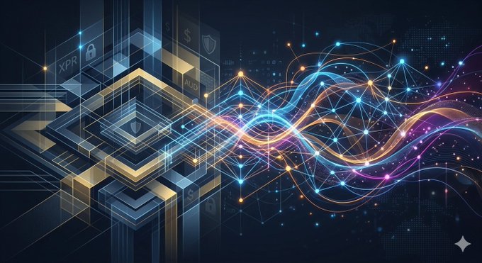 The image features an abstract design with a complex pattern of lines and shapes, including squares, triangles, and circles. The background is dark blue, creating a contrast that highlights the colorful elements within the design. The text "The next layer of financial infrastructure won'nt be a single winner-takes-all chain. It's going to be a modular, layered system." suggests an ongoing development or evolution in the financial industry.