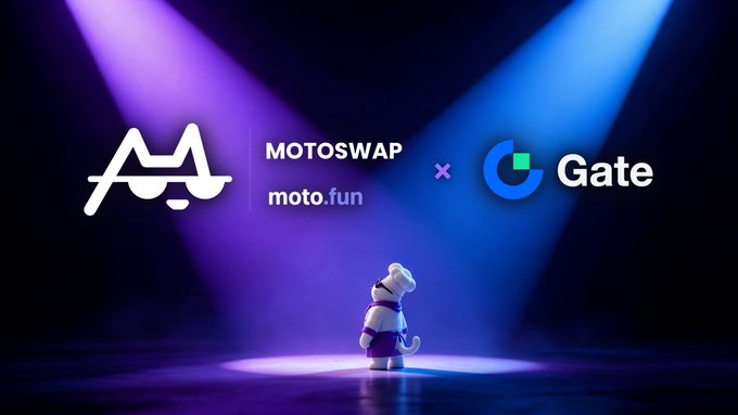 A glowing spotlight illuminates a small dog figurine beneath the logos of "MOTOSWAP moto.fun" and "Gate," with a purple "x" between them signifying their partnership. The image visually announces the integration of Motoswap into the Gate Wallet dApp browser for seamless DEX trading and coin management.