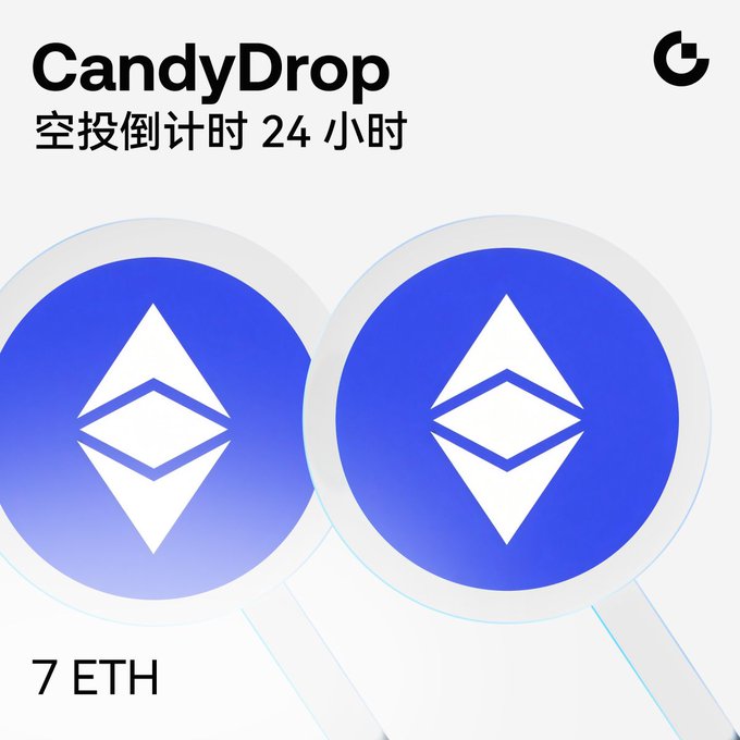 A promotional graphic reads “CandyDrop” and “空投倒计时 24 小时,” with Ethereum symbols and “7 ETH” displayed at the bottom.