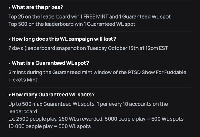 An FAQ section detailing prizes, campaign duration (7 days), and Guaranteed WL spots for a leaderboard event ending October 13th at 12pm EST.