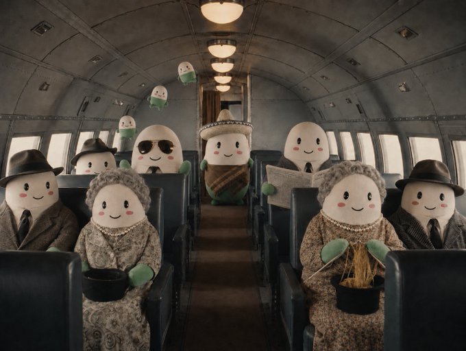 A whimsical scene unfolds inside a vintage aircraft cabin, where round-faced plush dolls dressed in mid-20th-century attire—including fedoras, patterned dresses, pearl necklaces, and sunglasses—sit as passengers while tiny egg-like figures float above, blending nostalgic fashion with playful surrealism. The post's phrase "one day this won't look unusual" hints at how this quirky fusion of vintage elegance and cartoonish charm may soon feel commonplace as creative boundaries continue to blur.