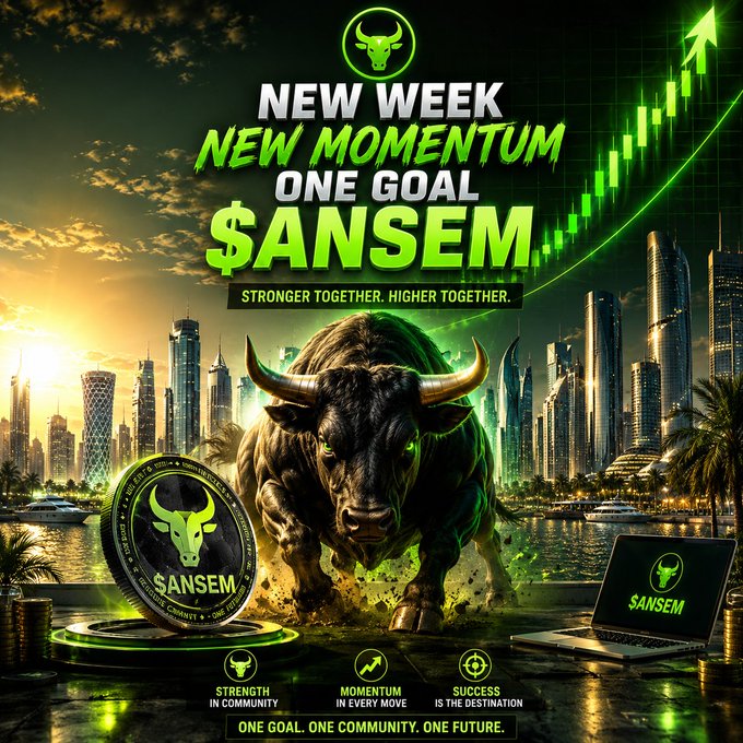 A promotional graphic for the cryptocurrency $ANSEM featuring a charging bull against a city skyline with rising green chart lines, bearing the text 'NEW WEEK NEW MOMENTUM ONE GOAL $ANSEM' and 'STRONGER TOGETHER. HIGHER TOGETHER.'