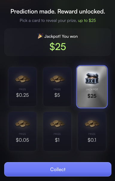 A mobile app screen showing a reward game where the user won 'Jackpot! $25' by selecting a card, with other prize options including $5, $1, $0.25, $0.1, and $0.05.