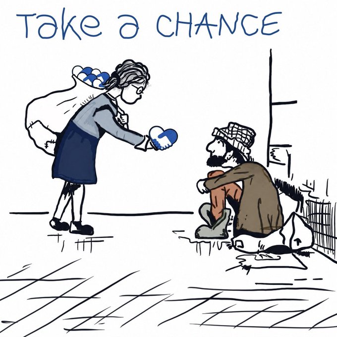 A handwritten note reading "TAKE A CHANCE" appears above an illustration of a kind woman offering a mitten to a bearded, homeless man sitting on the street, visually reinforcing the message of extending compassion and small gestures of warmth to those in need.