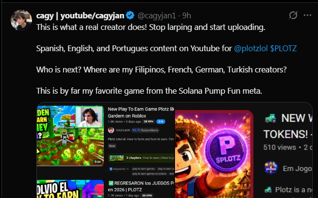 A tweet from cagy (@cagyjan1) promoting multilingual YouTube content for the game Plotz ($PLOTZ), showcasing videos in Spanish, English, and Portuguese.