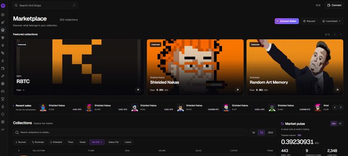A dark-themed NFT Marketplace interface displaying 252 collections, including featured ones like 'RBTC', 'Shielded Nakas', and 'Random Art Memory', with a market pulse showing 0.39230931 BTC.