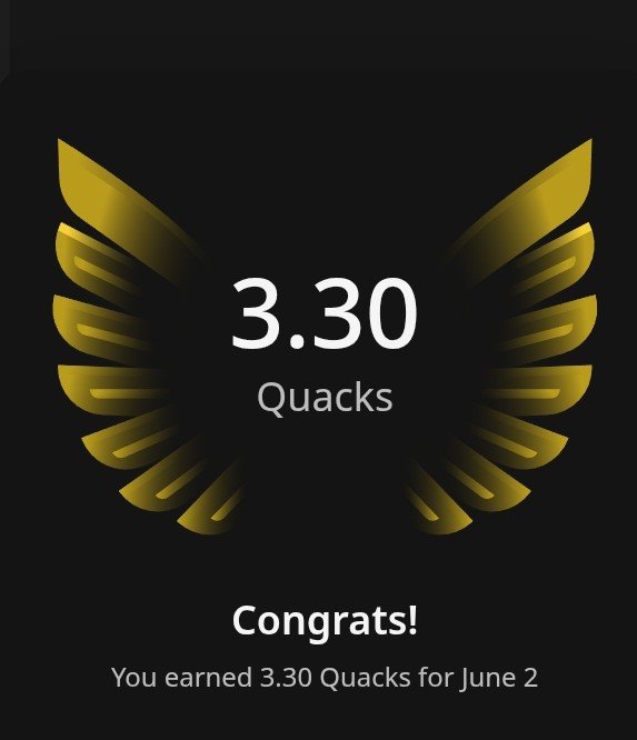 The image shows an award for Quakes, which is a type of bird. The award has a gold design with yellow wings and a black background. It displays the number 3.30 Quakes and congratulates the user for their achievement. The text in the image reads "Congratulations! You earned 3.30 Quakes @wallchain and your weekly rank has improved a lot".