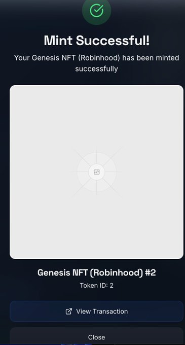 A mobile screen confirms 'Mint Successful!' for a Genesis NFT (Robinhood) #2 with Token ID: 2 and an option to view the transaction.