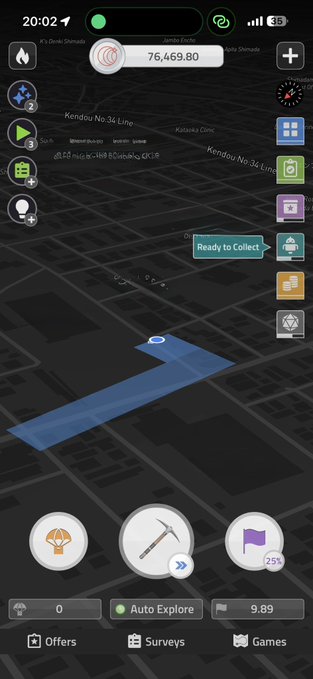 A screenshot of a mobile app map interface showing a balance of 76,469.80, a 'Ready to Collect' notification, an Auto Explore mode, and navigation in what appears to be a Kinshasa neighborhood.