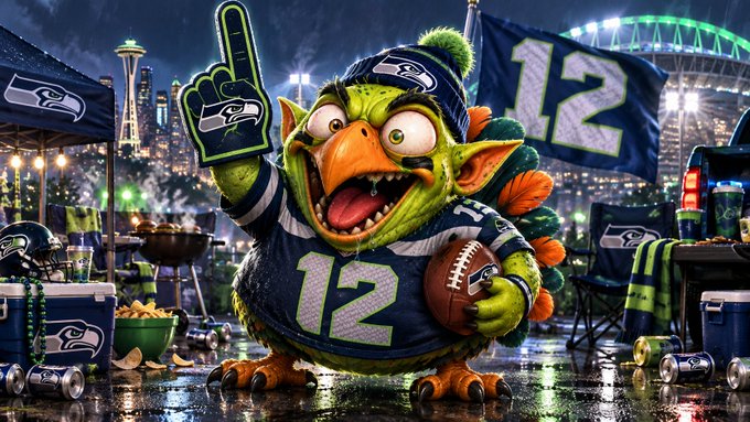 A cartoonish green troll character wearing a blue Seattle Seahawks jersey with the number 12 and a foam finger cheers in a stadium tailgate scene.