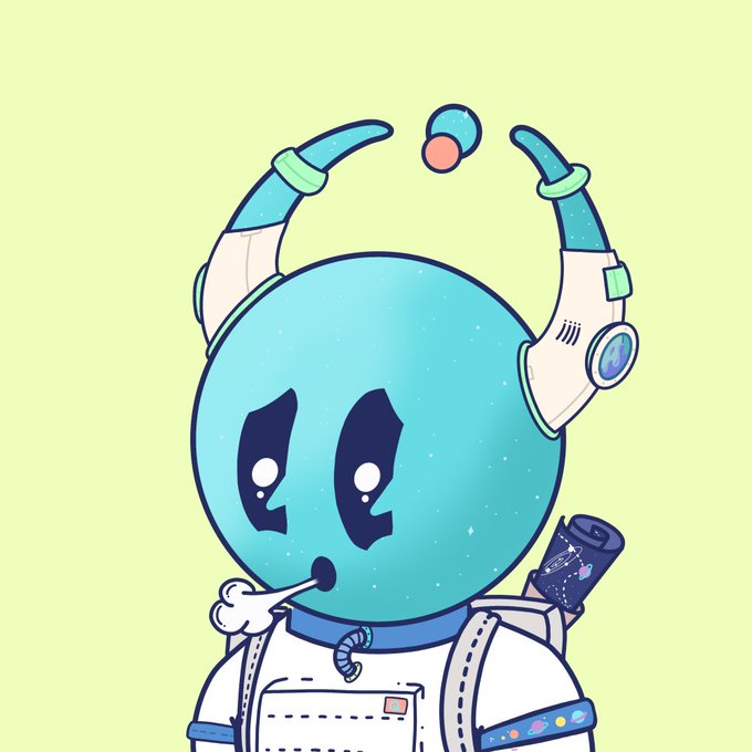 An illustration of a cute, round blue alien-like character wearing space-themed headphones and a space suit, set against a light green background.