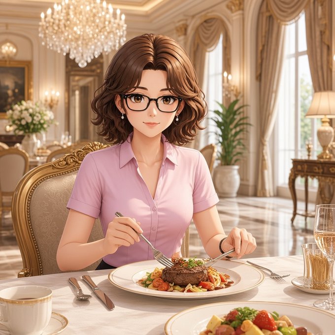 An anime-style illustration of a woman with brown hair and glasses sitting in an elegant dining room, about to eat a plated steak and vegetable meal.
