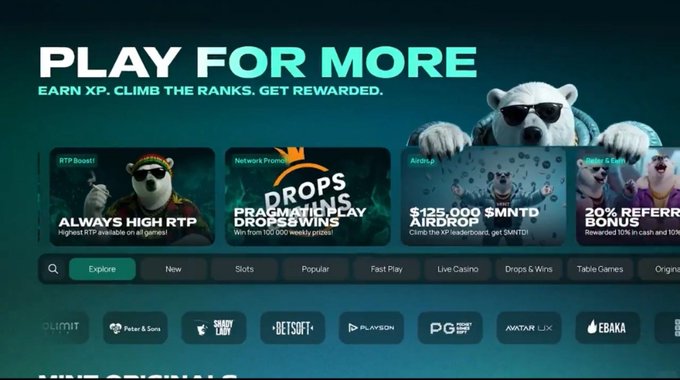 A 'PLAY FOR MORE' gaming rewards banner featuring a bear mascot in sunglasses. Promotional tiles include 'ALWAYS HIGH RTP', 'DROPS & WINS PRAGMATIC PLAY', '$125,000 $MNTD AIRDROP', and '20% REFERRAL BONUS'. Navigation tabs include Explore, New, Slots, Popular, Fast Play, Live Casino, Drops & Wins, and Table Games, with provider logos such as Peter & Sons, Betsoft, PlaySon, PG Soft, Avatar UX, and EBAKA.
