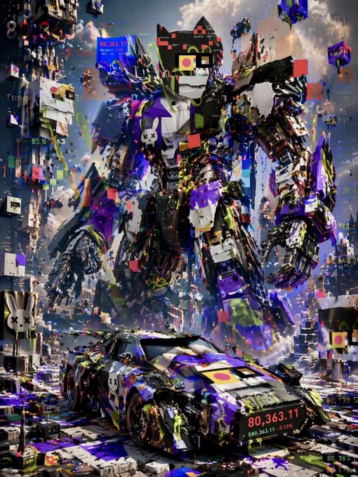 The image features a robot with purple and blue colors that appears to be made of various objects such as cars and buildings, giving it an industrial appearance. The background shows a cityscape filled with tall buildings and other structures, creating a sense of urban environment. The caption reads "Sooner or later, more people will discover R3 and its crazy community. To everyone who finds us in the future: welcome". This message suggests that the robot is a central focus for the post's content and encourages viewers to explore further details about the robot and its creator.