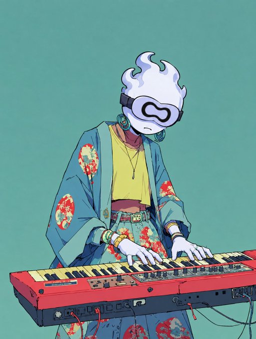A digital illustration of a stylized figure with flame-like hair wearing a VR headset and a kimono with floral patterns, playing a red synthesizer keyboard against a teal background.