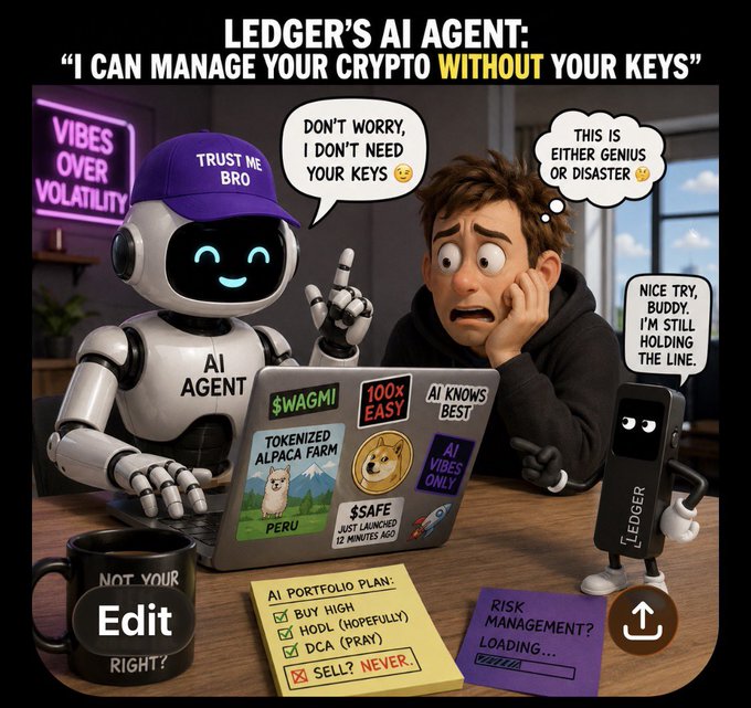A satirical cartoon titled 'LEDGER'S AI AGENT: "I CAN MANAGE YOUR CRYPTO WITHOUT YOUR KEYS"' depicting a robot labeled 'AI AGENT' with a 'Trust Me Bro' hat trying to convince a worried user to give up control, with various crypto memes like WAGMI and 'tokenized alpaca farm.'