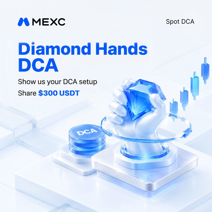A MEXC promotional graphic titled "Diamond Hands DCA" invites users to "Show us your DCA setup" and "Share $300 USDT," featuring a 3D illustration of a hand holding a blue diamond above a "DCA" token stack alongside candlestick charts, aligning with a Spot DCA giveaway where 15 winners share the prize pool by submitting their DCA bot screenshots.