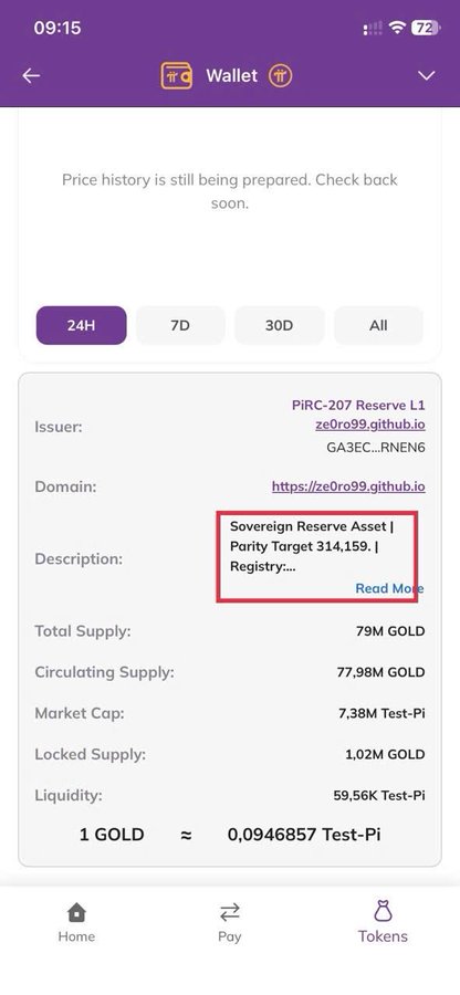 A smartphone screen displays a digital wallet interface for the GOLD token, showing details like a 79M GOLD total supply, 79.18M circulating supply, and a 1.02M locked supply, with the description highlighting it as a "Sovereign Reserve Asset | Parity Target 314,159." The image supports the post's claim by visually presenting the token's metadata as a sovereign reserve asset at the L1 layer.
