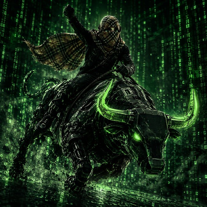 A digital artwork shows a masked figure riding a mechanical bull with glowing green horns against a backdrop of green matrix-style digital code.