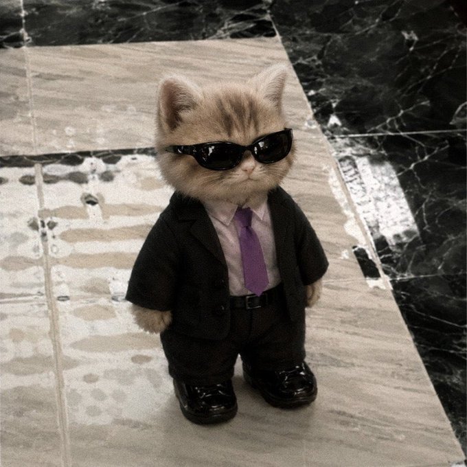 A tiny fluffy kitten stands confidently on a marble floor wearing a black business suit, purple tie, and sunglasses, perfectly embodying the "just business" vibe with a serious, no-nonsense expression. The miniature business attire gives the adorable feline an air of corporate authority that pairs humorously with the caption.