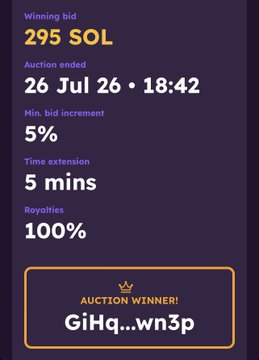 An auction result screen showing a winning bid of '295 SOL' that ended on 26 Jul 26 at 18:42, with a winner address of 'GiHq...wn3p'.