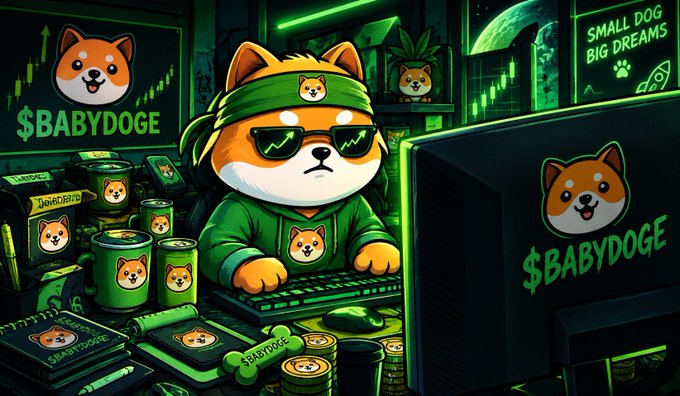 A cartoon illustration of a Shiba Inu dog character wearing sunglasses and a green hoodie, surrounded by '$BABYDOGE' branded merchandise and a computer setup with 'SMALL DOG BIG DREAMS' text.