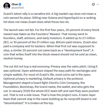 A tweet by user @satofishi discussing how Zcash's latest rally is a narrative bid rather than fundamental value, referencing Solana and Hyperliquid.
