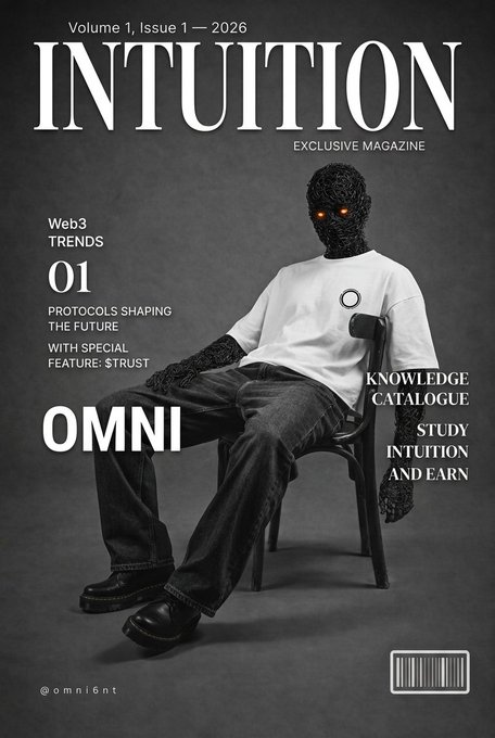 The cover of 'INTUITION' magazine, Volume 1, Issue 1 - 2026, featuring a figure in a white shirt and black pants with glowing red eyes sitting on a chair, promoting 'Web3 TRENDS 01' and 'OMNI'.