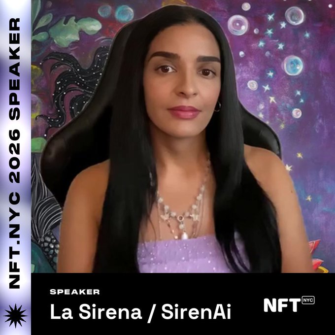 The image shows a woman with long dark hair, wearing a purple strapless top and layered necklaces, seated in front of a colorful, cosmic-themed mural with stars and abstract designs. Text overlays identify her as "La Sirena / SirenAi" as a "SPEAKER" at "NFT.NYC 2026," aligning with the post's speaker spotlight announcement.