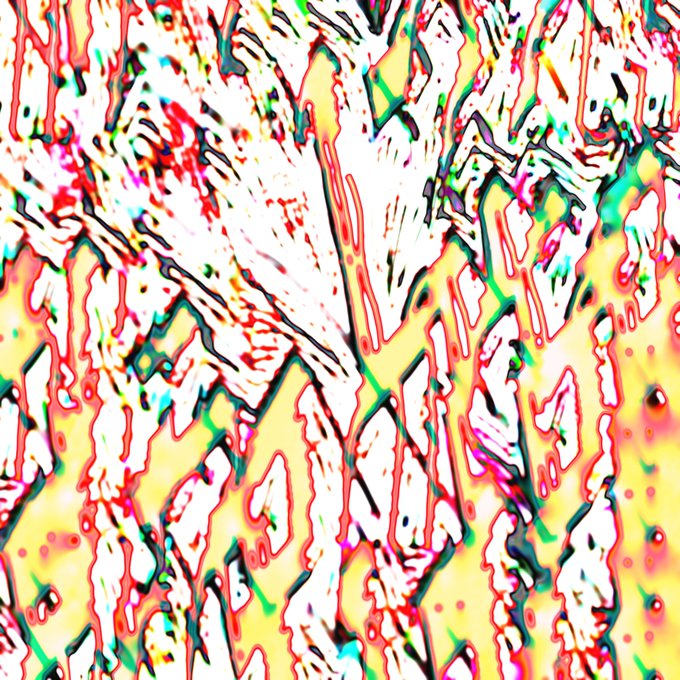 An abstract, chaotic image with distorted, melting lines and shapes in vibrant red, green, yellow, and black, resembling a glitch art or psychedelic pattern.