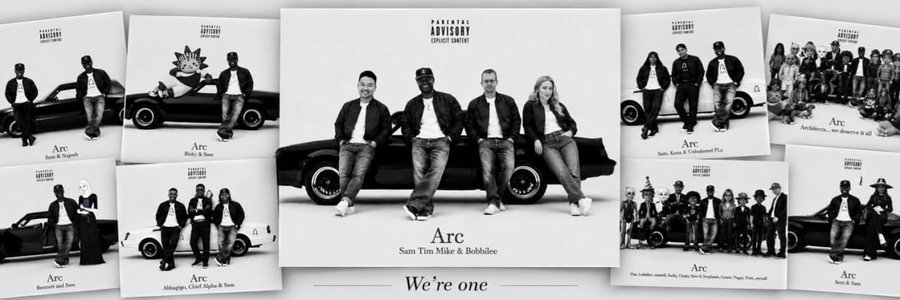 The image is a black-and-white collage featuring multiple promotional photos of the K-pop group Arc, with members posing around a car and the tagline 'Arc - We're one' visible at the bottom.