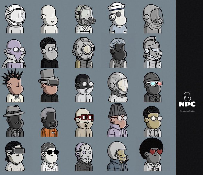 A collection of 25 cartoon-style NPC character designs in a 5x5 grid, showing various headwear, masks, and outfits, with 'NPC' and '@npconchain' text on the right side.