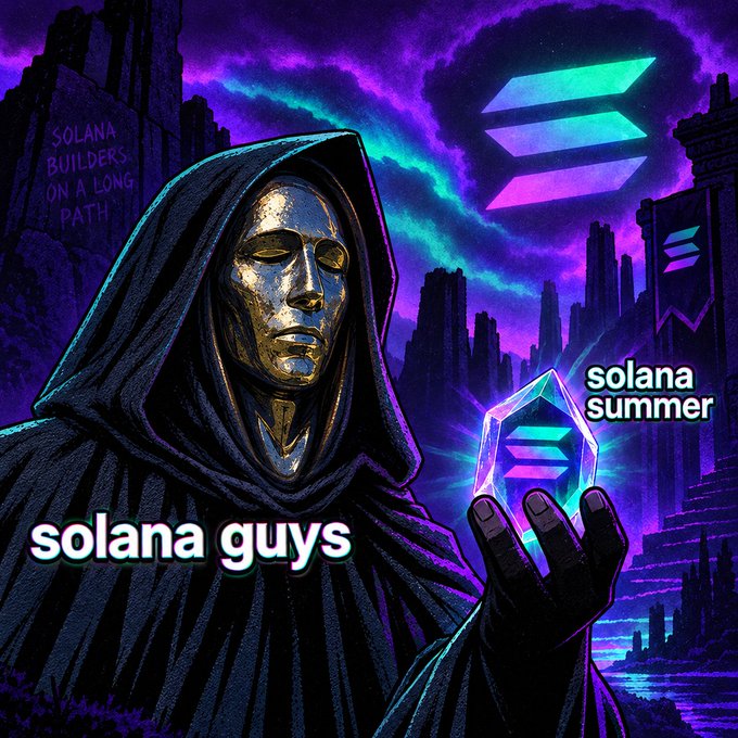 A stylized digital artwork showing a hooded figure with a golden mask holding a glowing Solana crystal, with text reading 'SOLANA BUILDERS ON A LONG PATH', 'solana guys', and 'solana summer' against a purple futuristic cityscape.