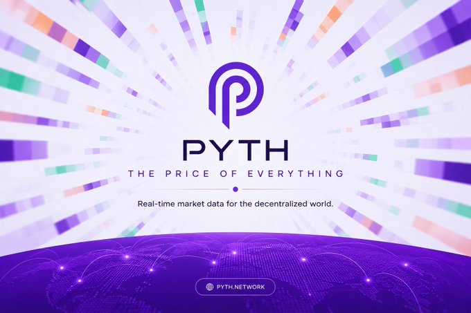 The image features a purple background with white lines radiating outwards from the center, creating an abstract pattern that resembles a starburst effect. The text "Pyth Network" is displayed at the top of the image, along with the words "The Price of Everything Real time market data for the decentralized world". Below this, there are three bullet points explaining what the post is about and providing information on how to access it.

In addition to these elements, there's a small logo located in the bottom left corner of the image.