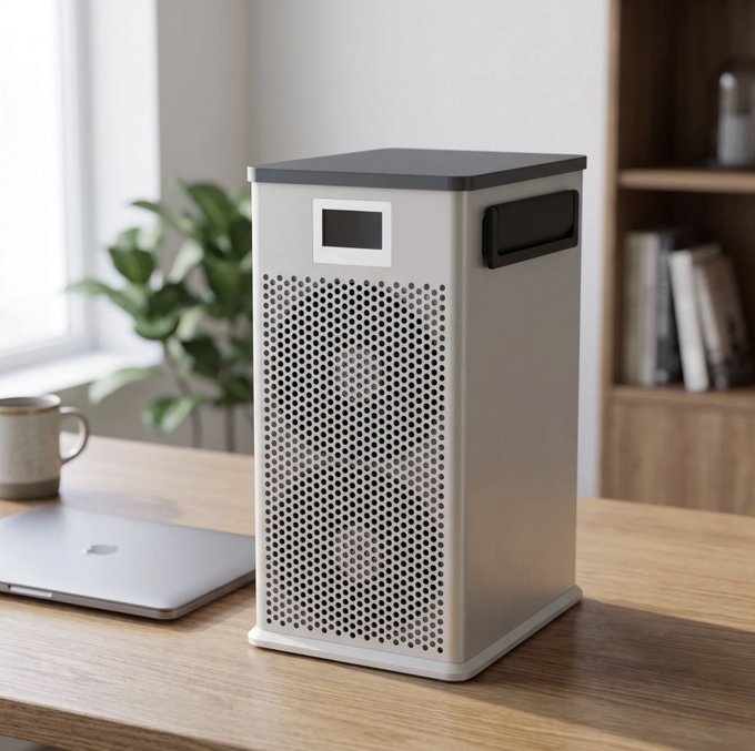 Product photo of a tall, rectangular white air purifier with a perforated front grille and digital display, sitting on a wooden desk next to a laptop and coffee mug.