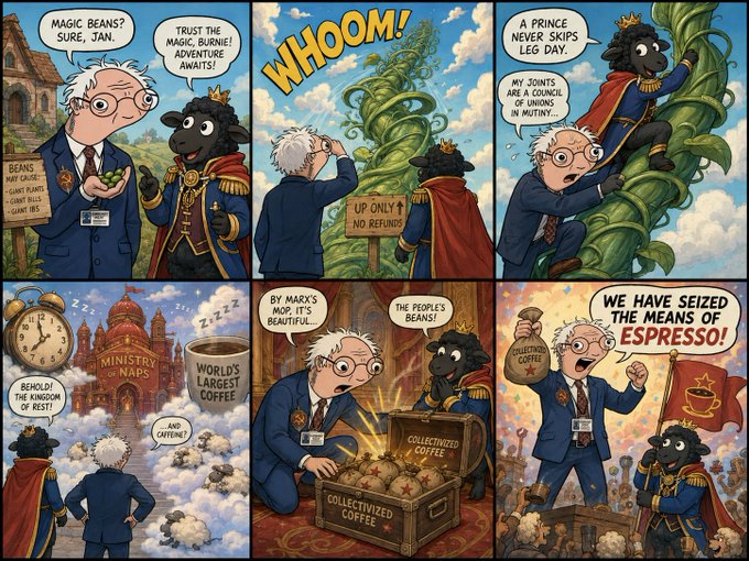A six-panel comic strip featuring a Bernie Sanders-like character and a sheep royal, with text including 'MAGIC BEANS? SURE, JAN.', 'TRUST THE MAGIC, BURNIE! ADVENTURE AWAITS!', 'WHOOM!', 'A PRINCE NEVER SKIPS LEG DAY.', 'MY JOINTS ARE A COUNCIL I'M UNDING IN MUTINY...', 'UP ONLY! NO REFUNDS', 'Zzzzz...', 'MINISTRY OF NAPS', 'WORLD'S LARGEST CUP OF COFFEE', 'BEHOLD! THE KINGDOM OF REST!', 'AND CAFFIENE?', 'BY MARX'S BEAUTIFUL EYES...', 'THE PEOPLE'S BEANS!', 'COLLECTIVIZED COFFEE', 'WE HAVE SEIZED THE MEANS OF ESPRESSO!'.