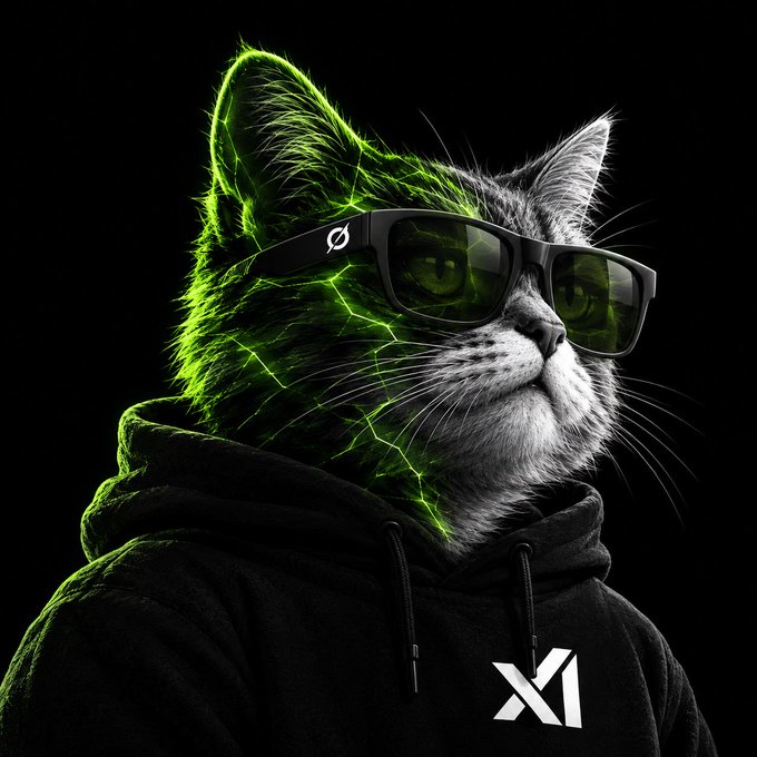 A stylized cat wearing sunglasses and a black hoodie, accented with glowing green lightning-like energy, with the text "X1" on the hoodie—mirroring the meme-inspired branding of a stealth-launched "$GROKCAT" memecoin being promoted.