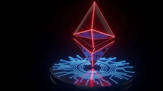 A 3D rendered Ethereum logo (diamond shape) glowing in red neon, floating above a circular blue circuit board pattern against a black background.