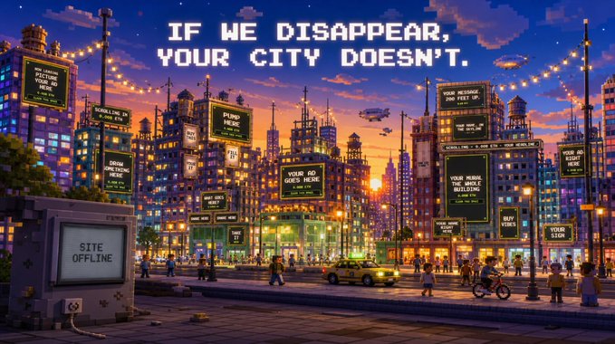 A vibrant pixel-art illustration depicts a dystopian cityscape filled with billboards displaying unsettling prompts like "DROP JACKSON"," "VOTE NO WEED HERE," "PUMP PRIC"," "YOUR MESSAGE AND FEET UP," "VOTERS NO GOOD SENSE," "YOUR HOME DOESN'T NEED BUILDING," and "SITE OFFLINE."