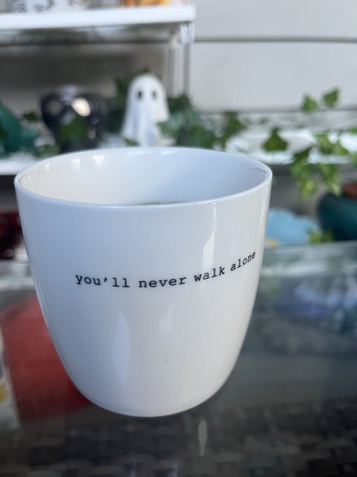 A white ceramic mug with the text "You'll never walk alone" printed on its side sits on a dark countertop, with a small ghost figurine and plants visible in the background.